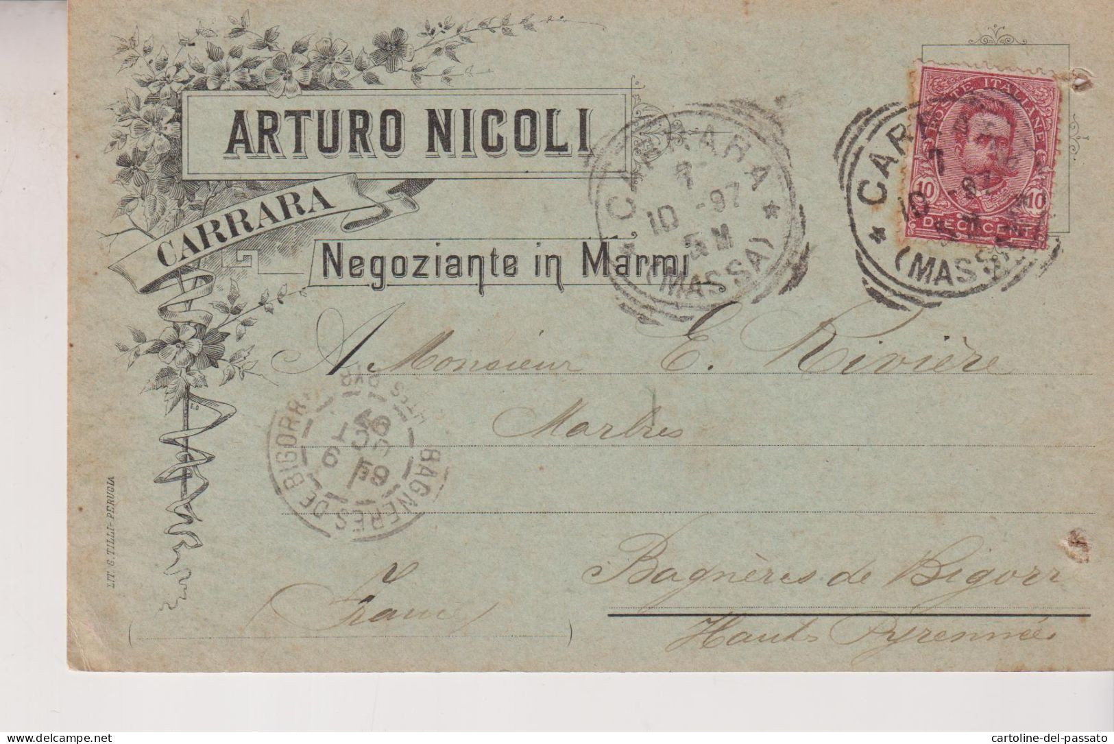 CARRARA STORIA POSTALE PUBBLICITARIA  MARMI ARTURO NICOLI 1897 - Carrara
