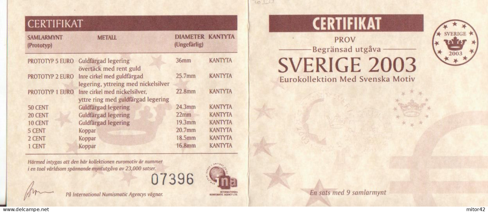 Svezia-2003-Prova Euro-Divisionale 9 Valori-Test Euro-Try Euro - Prove Private
