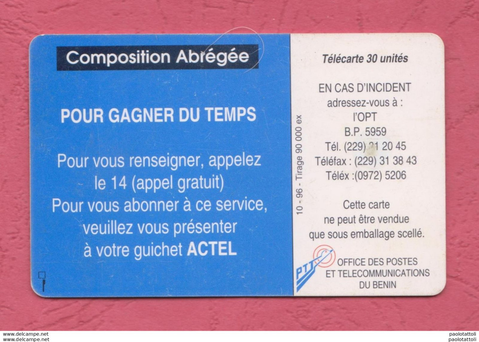 Benin- PTT- Used Phone Card With Chip- Composition Abregee. 30 Units. Exp. 10.1996- - Bénin