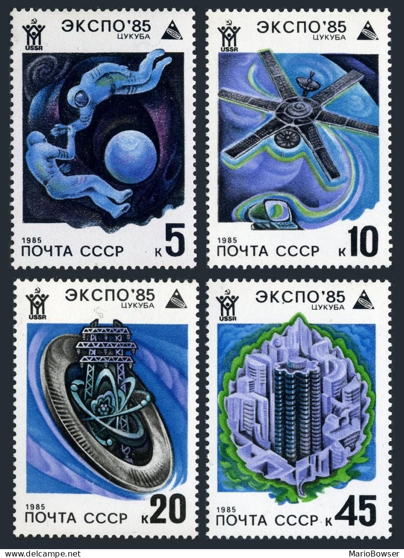 Russia 5341-5344, MNH. Mi 5482-5485. EXPO-1985, Japan. Cosmonauts,Energy,Housing - Neufs