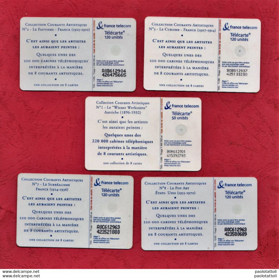 France- France Telecom- Collection Courants Artistiques. Cats N° 1, 2, 3, 7 & 8- Phone Cards With Chips Used By 50 & 120 - 2000