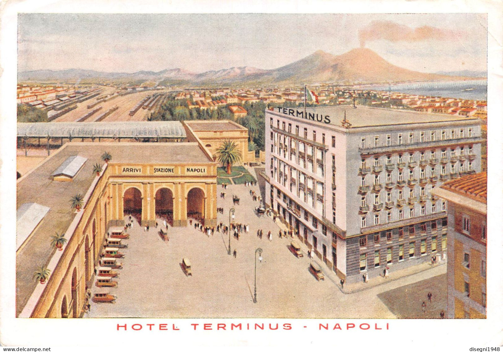 12814 "HOTEL TERMINUS - NAPOLI'" ANIMATA, CART. ORIG. ILLUSTR. NON SPED. - Napoli (Naples)