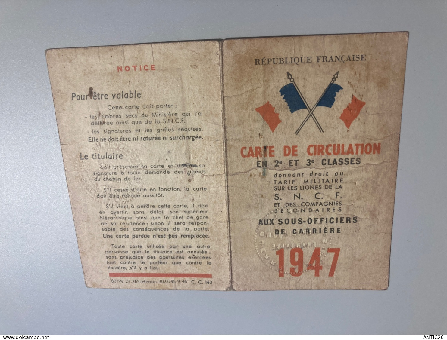 Sncf Carte De Circulation Sous Officiers Militaires 1947 Marechal Des Logis Chef - Andere & Zonder Classificatie