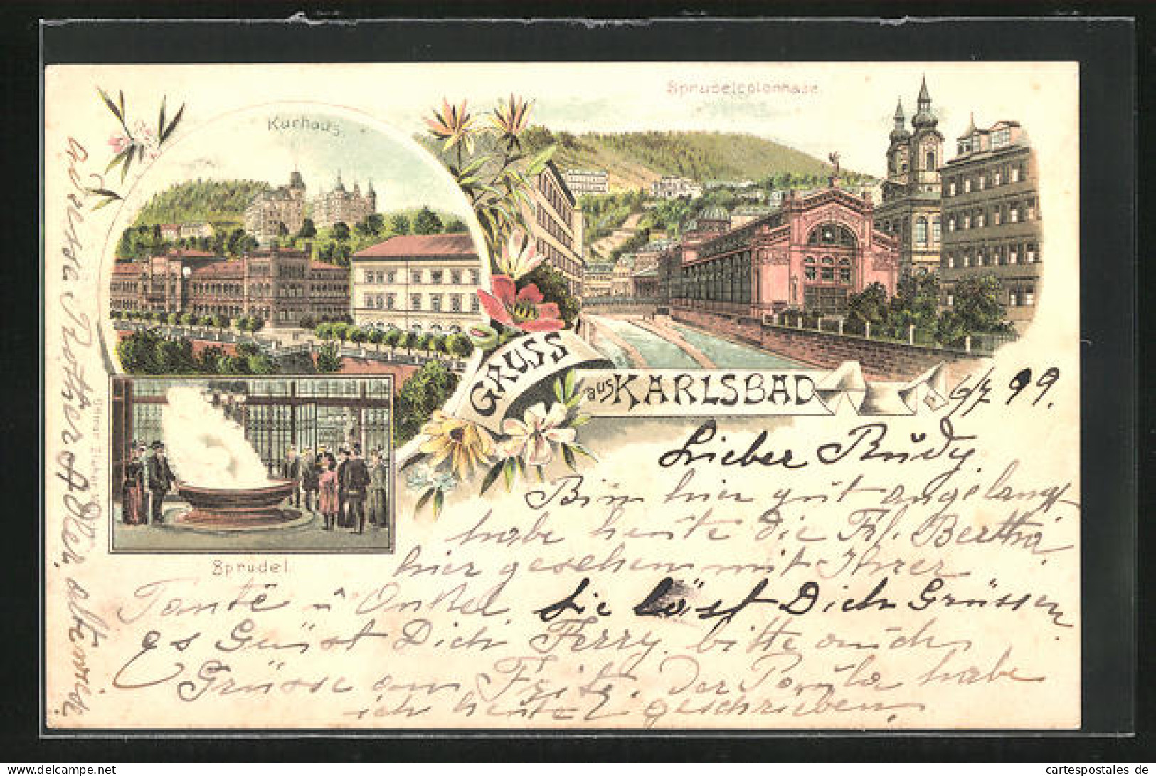 Lithographie Karlsbad, Kurhaus, Sprudelcolonnade, Sprudel  - Tsjechië
