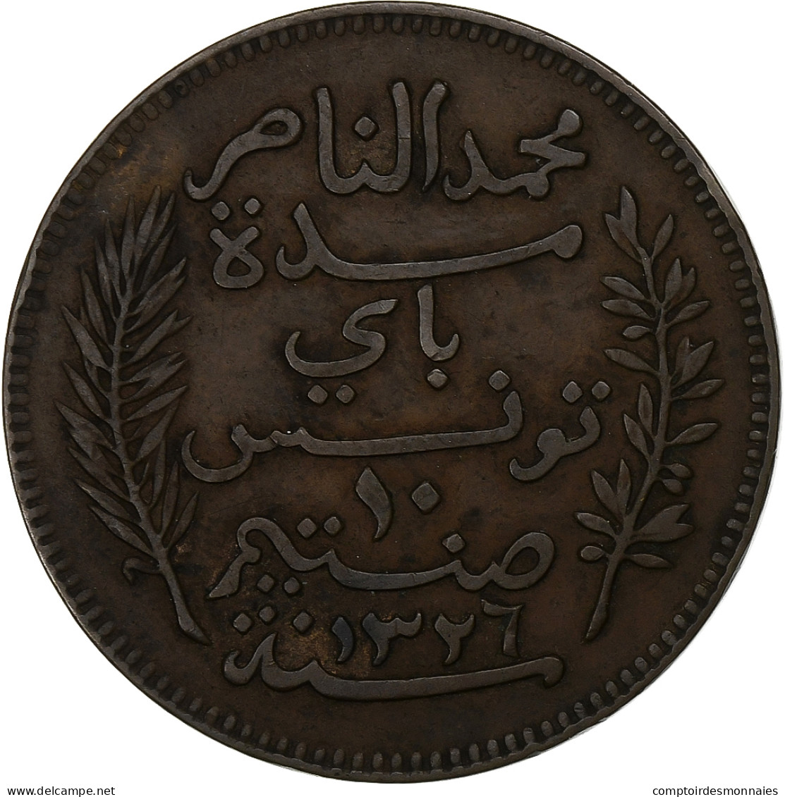 Tunisie, Muhammad Al-Nasir Bey, 10 Centimes, 1908, Paris, Bronze, TTB, KM:236 - Tunesië
