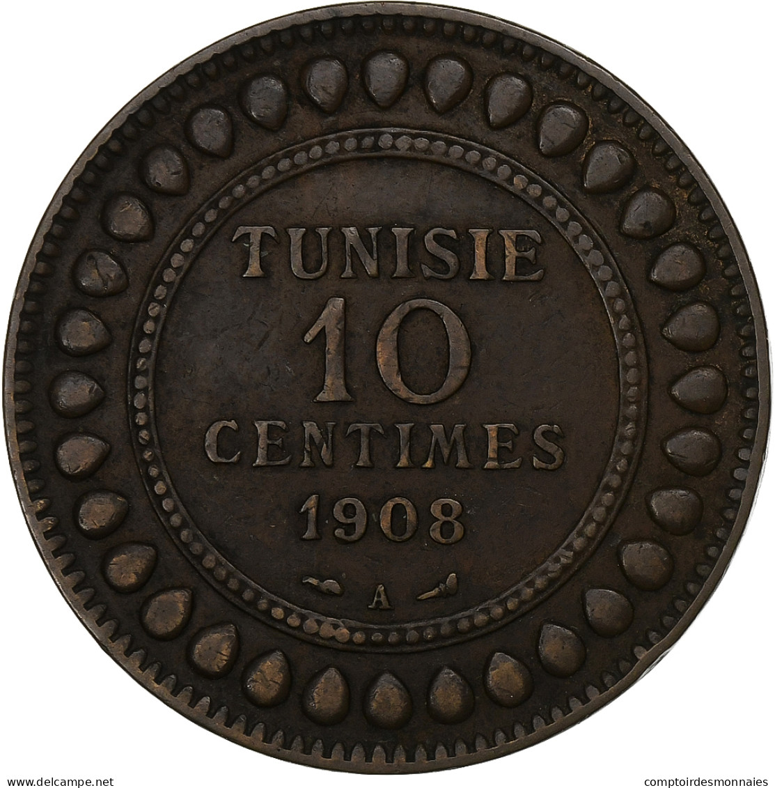 Tunisie, Muhammad Al-Nasir Bey, 10 Centimes, 1908, Paris, Bronze, TTB, KM:236 - Túnez