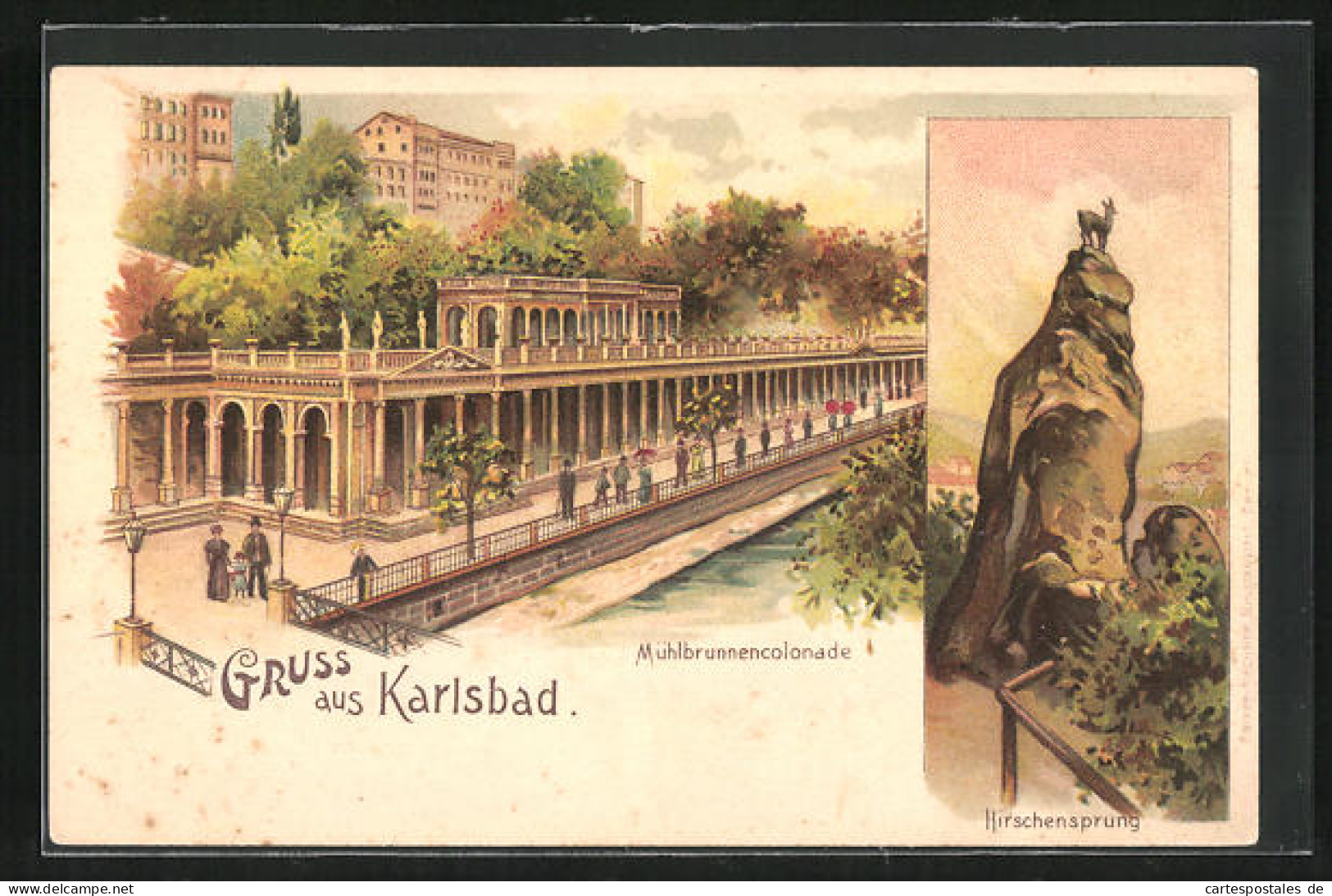 Lithographie Karlsbad, Mühlbrunnencolonnade, Hirschensprung  - Tsjechië