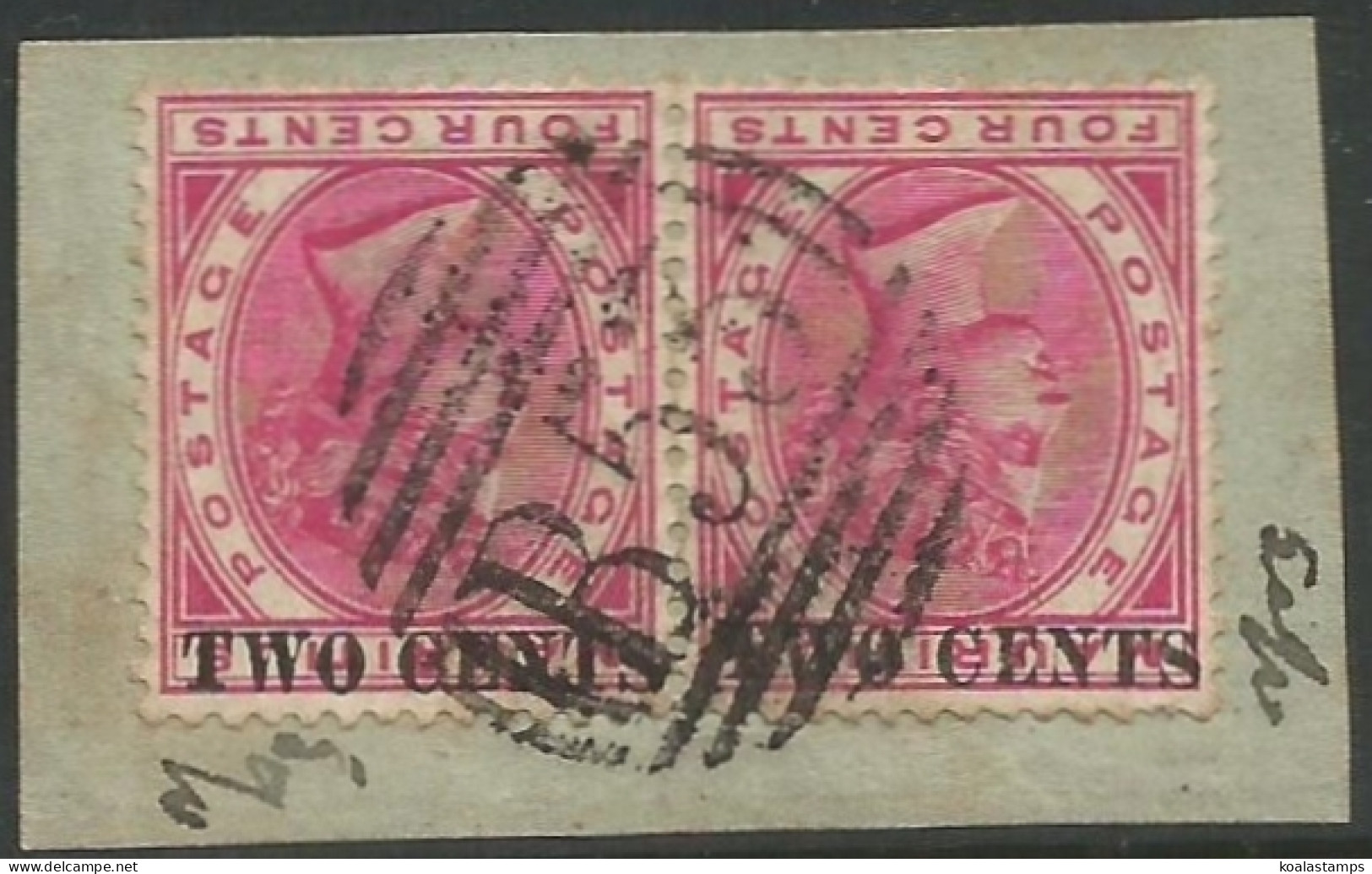Mauritius 1891 SG118a 2c On 4c Crimson QV Surcharge Inverted Pair On Piece FU - Maurice (1968-...)