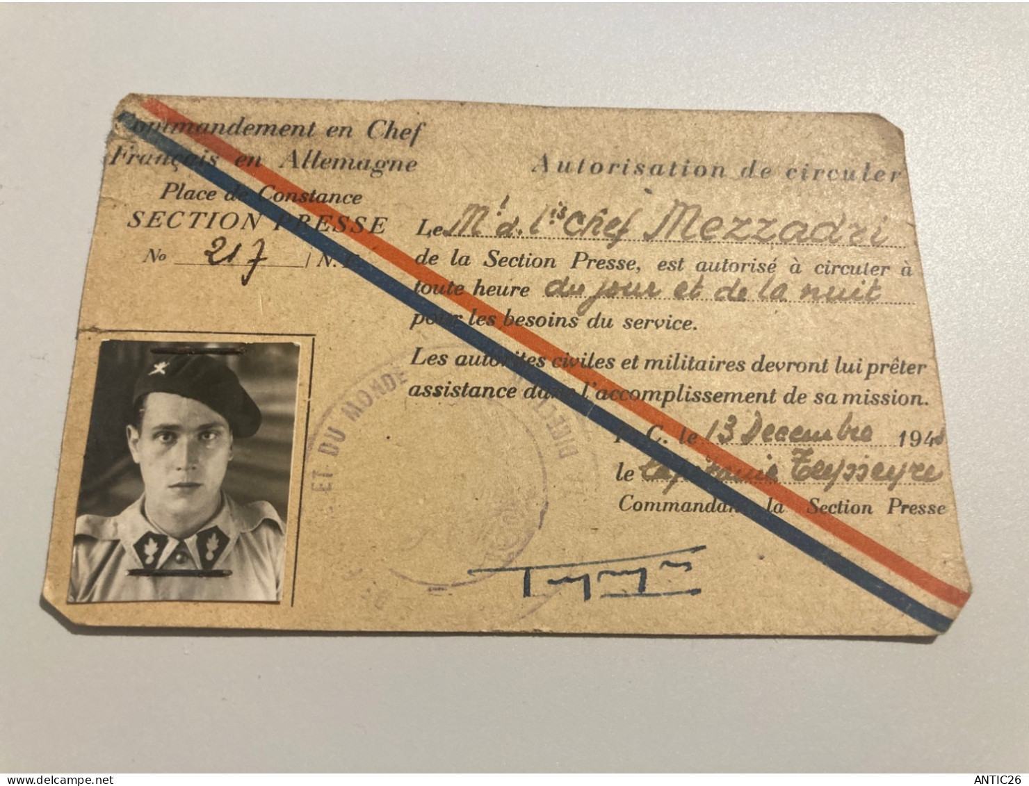 COMMANDEMENT EN CHEF FRANCAIS ALLEMAND AUTORISATION DE CIRCULER SECTION PRESSE 1948 - Documentos