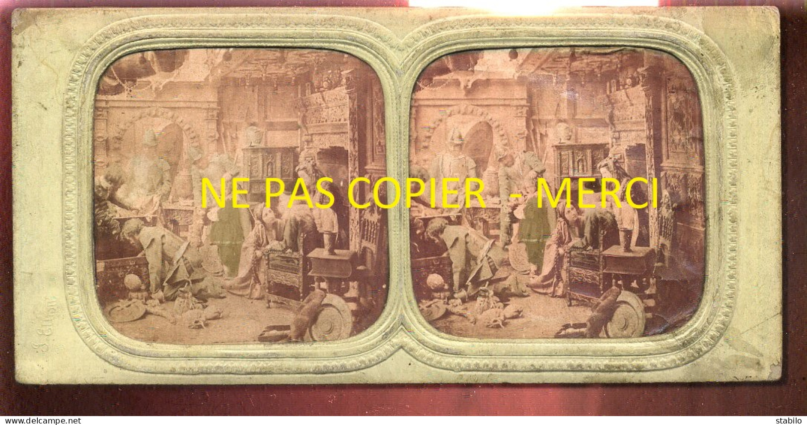 PHOTO STEREO CIRCA 1860 - TRANSPARENTE - SCENE THEATRALE EN COSTUMES - FORMAT 17.5 X 8.5 CM - Photos Stéréoscopiques