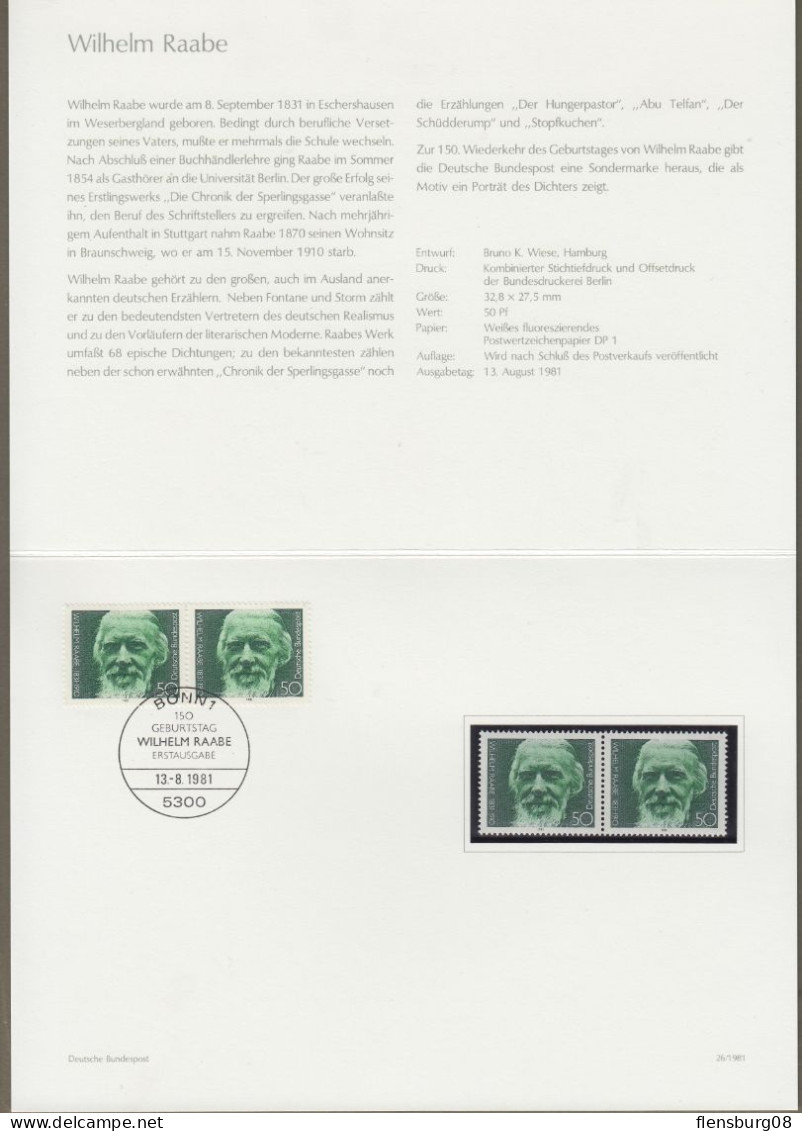 Bund: Minister Card - Ministerkarte Typ IV, Mi-Nr. 1104: " 150. Geburtstag Wilhelm Raabe "  X - Lettres & Documents