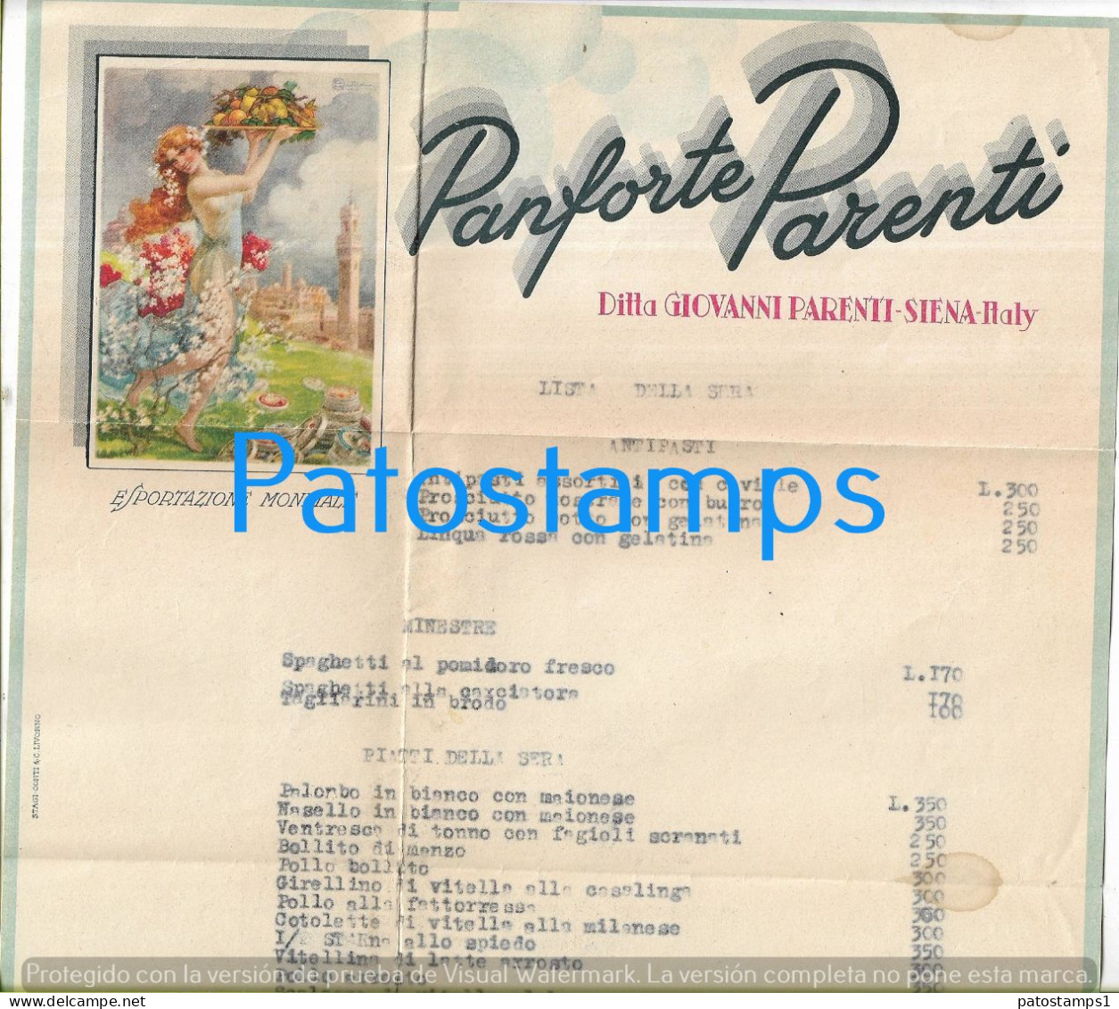 228277 ITALY SIENA PANFORTE PARENTI DITTA GIOVANNI PARENTI MENU NO POSTAL POSTCARD - Menükarten