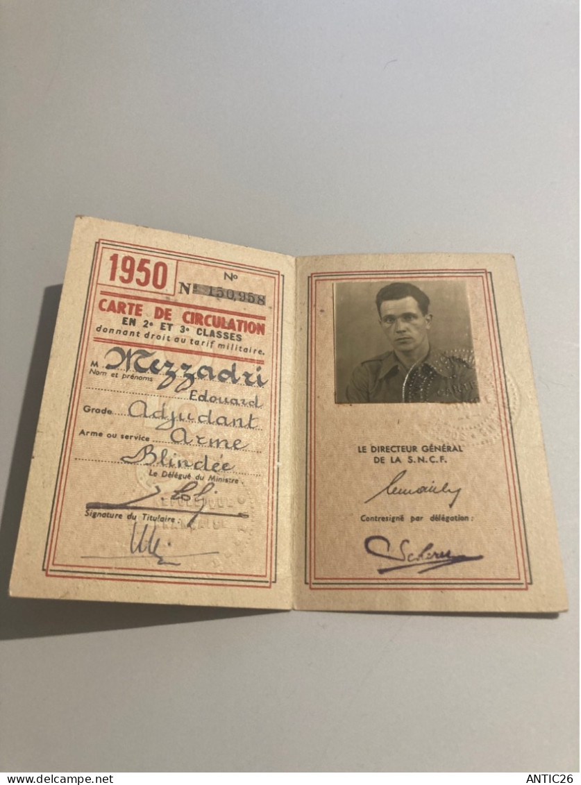 Sncf Carte De Circulation Sous Officiers Militaires 1950 ADJUDANT - Sonstige & Ohne Zuordnung