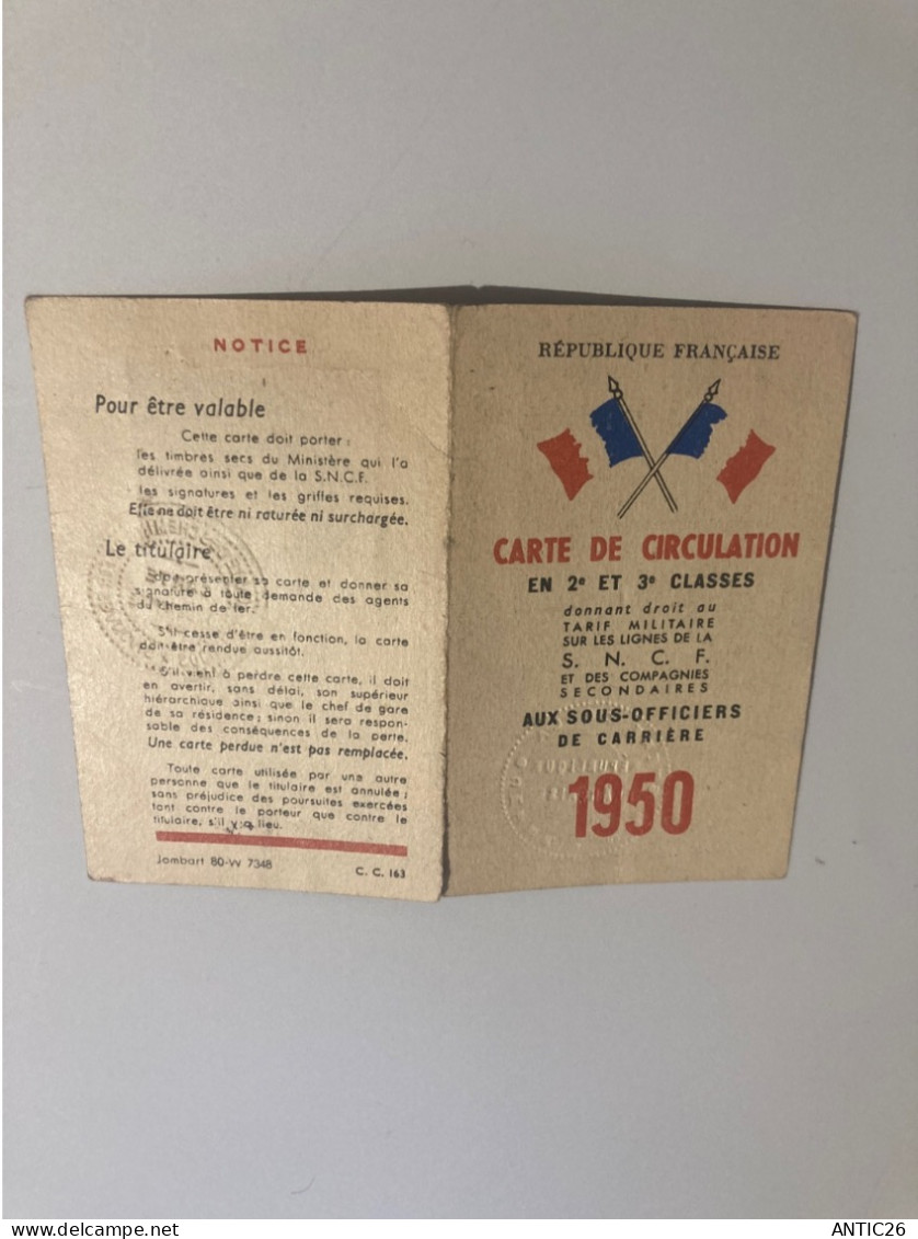 Sncf Carte De Circulation Sous Officiers Militaires 1950 ADJUDANT - Sonstige & Ohne Zuordnung
