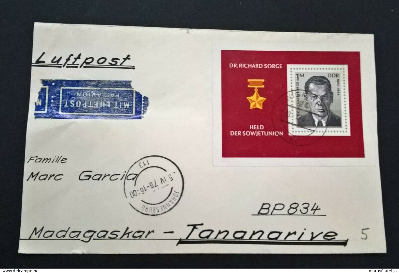 East Germany DDR 1976, Dr. Richard Sorge, Letter To Madagascar - Autres & Non Classés