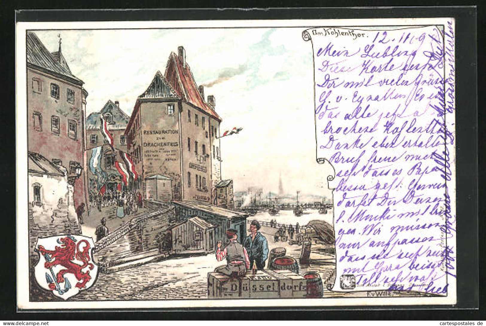 Lithographie Düsseldorf, Restaurant Zum Drachenfels Am Hafen  - Duesseldorf