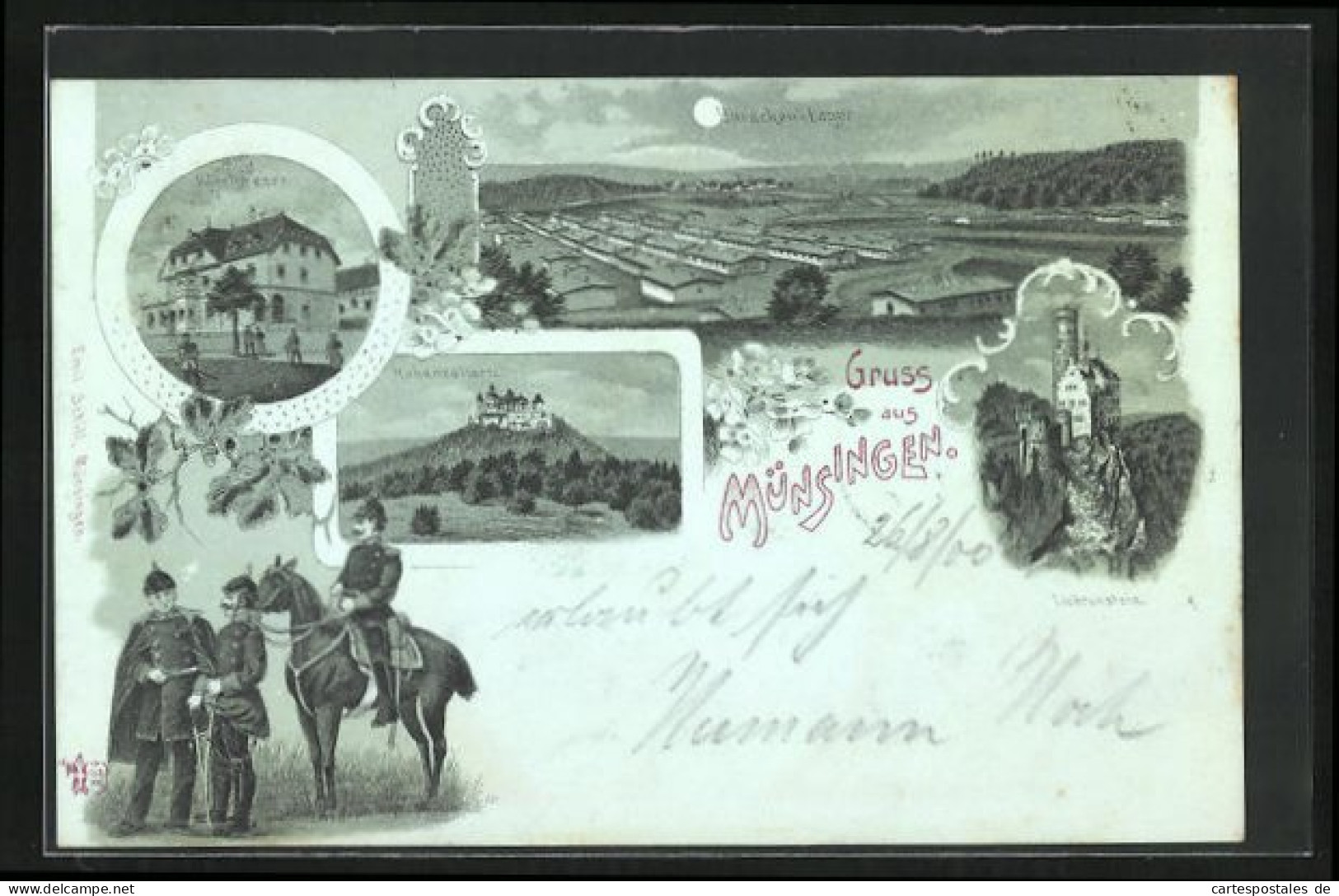 Mondschein-Lithographie Münsingen, Hôtel Fezer, Baracken-Lager, Hohenzollern  - Muensingen