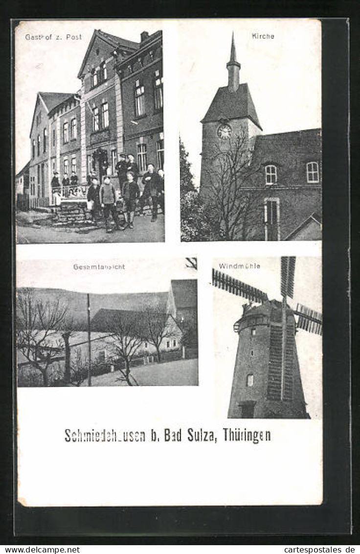 AK Schmiedehausen B. Bad Sulza /Thüringen, Gasthof Zur Post, Windmühle, Kirche  - Bad Sulza