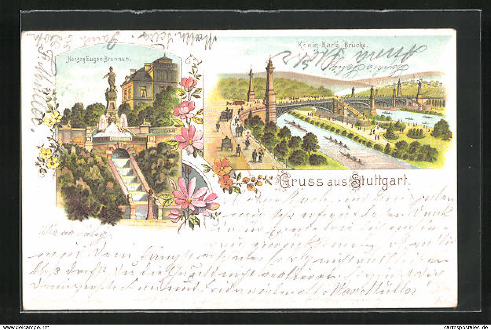 Lithographie Stuttgart, König-Karl`s-Brücke, Herzog Eugen Brunnen  - Stuttgart