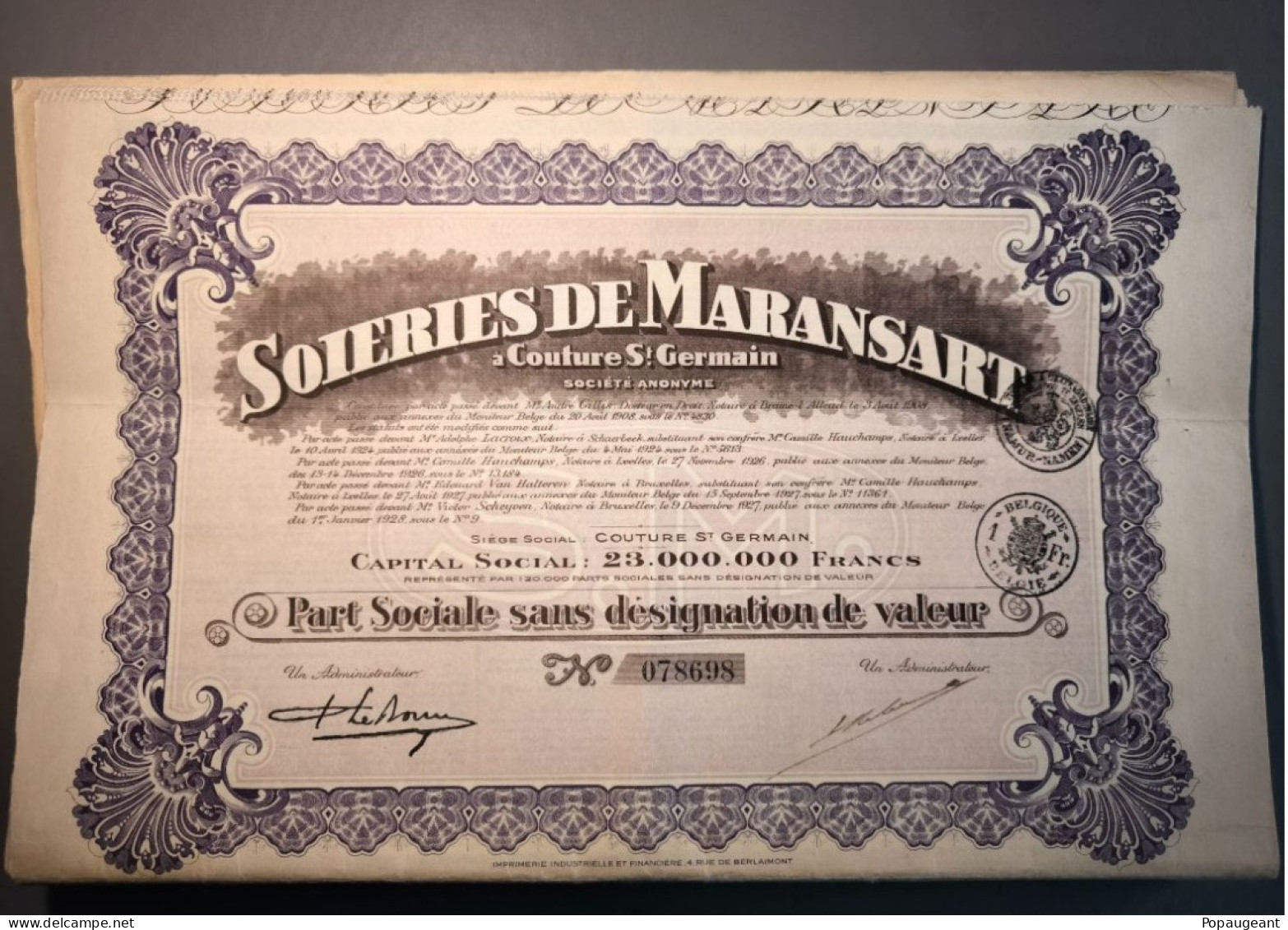 10 Parts Sociales "SOIERIES DE MARANSART" Sans Désignation De Valeur - Tessili