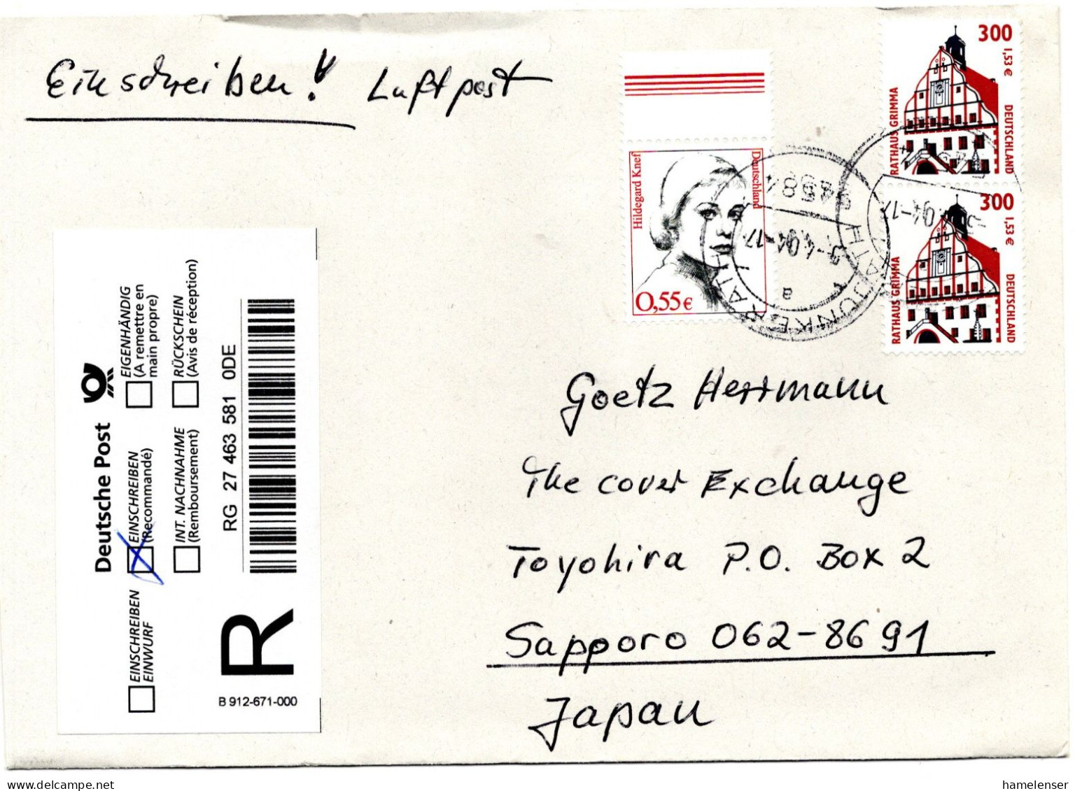 78412 - Bund - 2004 - 2@€1,53/300Pfg SWK MiF A R-LpBf JUENKERATH -> Japan - Lettres & Documents