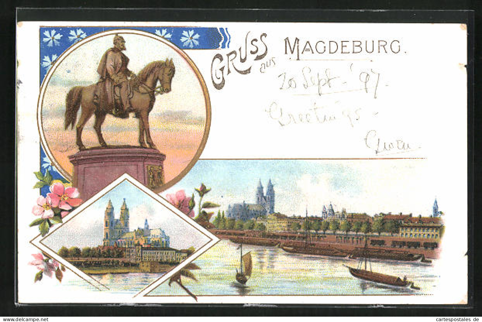 Lithographie Magdeburg, Blick Auf Fluss, Denkmal, Kirche  - Magdeburg