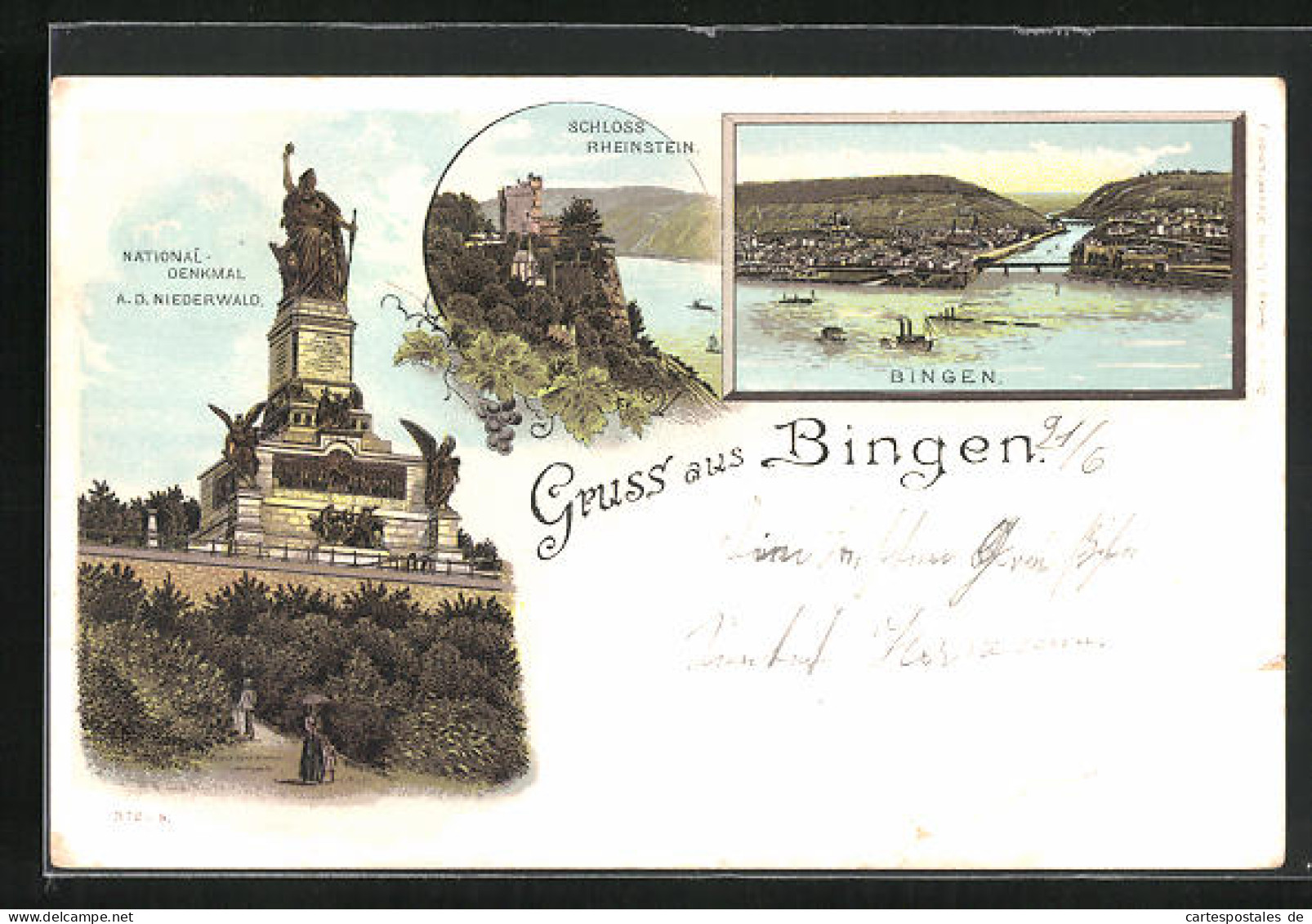 Lithographie Bingen, Teilansicht Mit Brücke, National-Denkmal A. D. Niederwald, Schloss Rheinstein  - Bingen