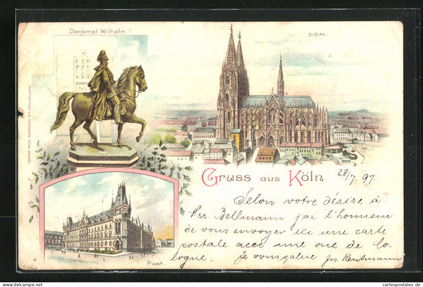 Lithographie Köln, Post, Denkmal Wilhelm I., Dom  - Koeln