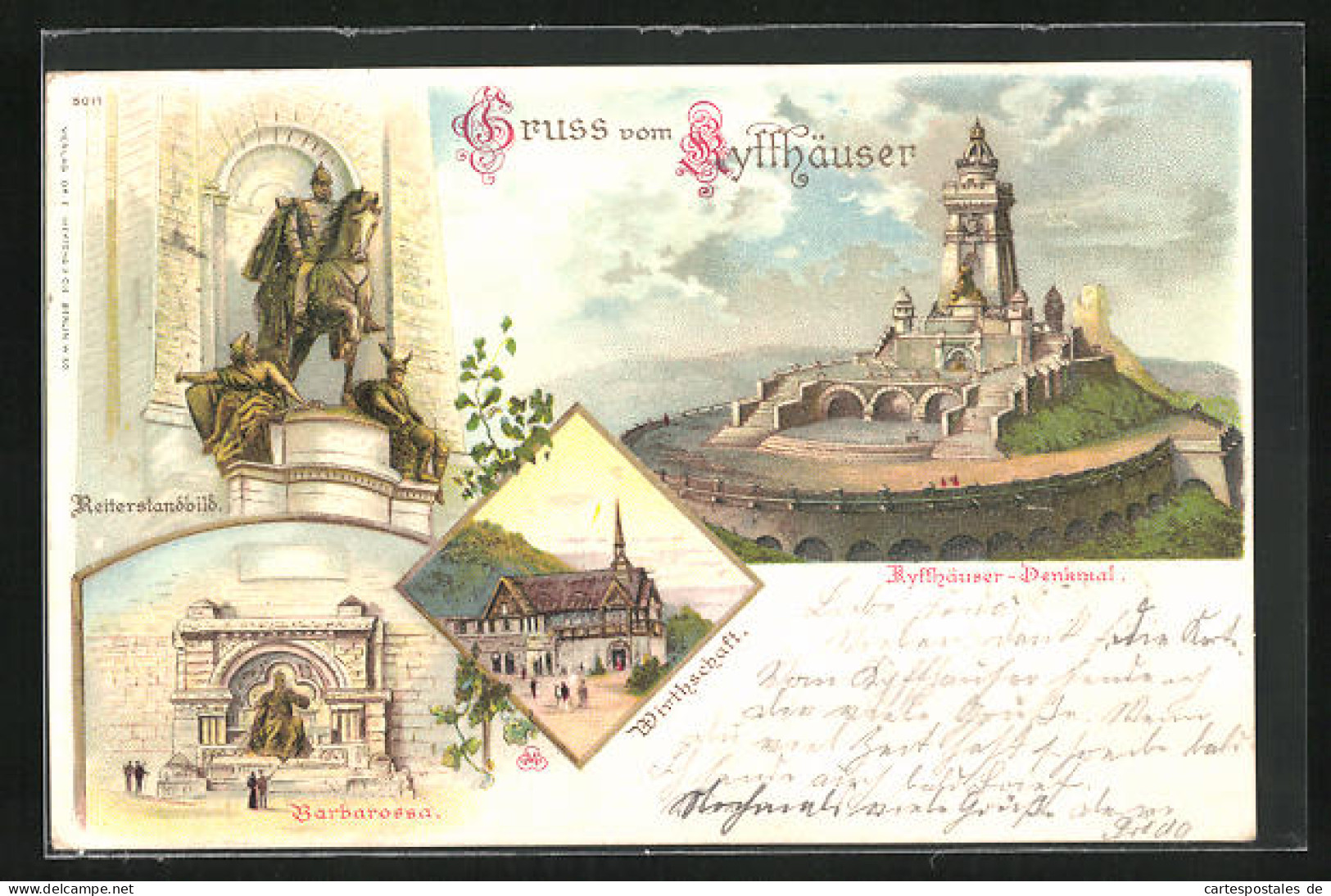 Lithographie Kyffhäuser, Denkmal, Reiterstandbild, Gasthaus, Barbarossa  - Kyffhäuser