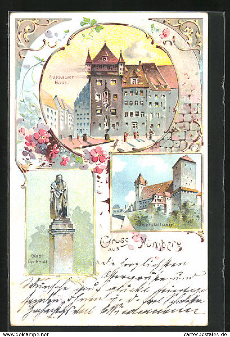 Lithographie Nürnberg, Nassauer Haus, Kaiserstallung, Dürer Denkmal  - Nuernberg