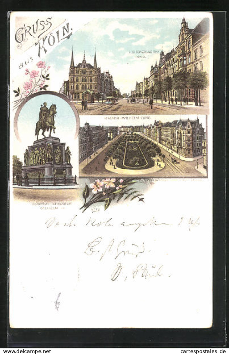 Lithographie Köln, Hohenzollern-Ring, Kaiser Wilhelm Ring, Denkmal Friedrich Wilhelm III  - Koeln