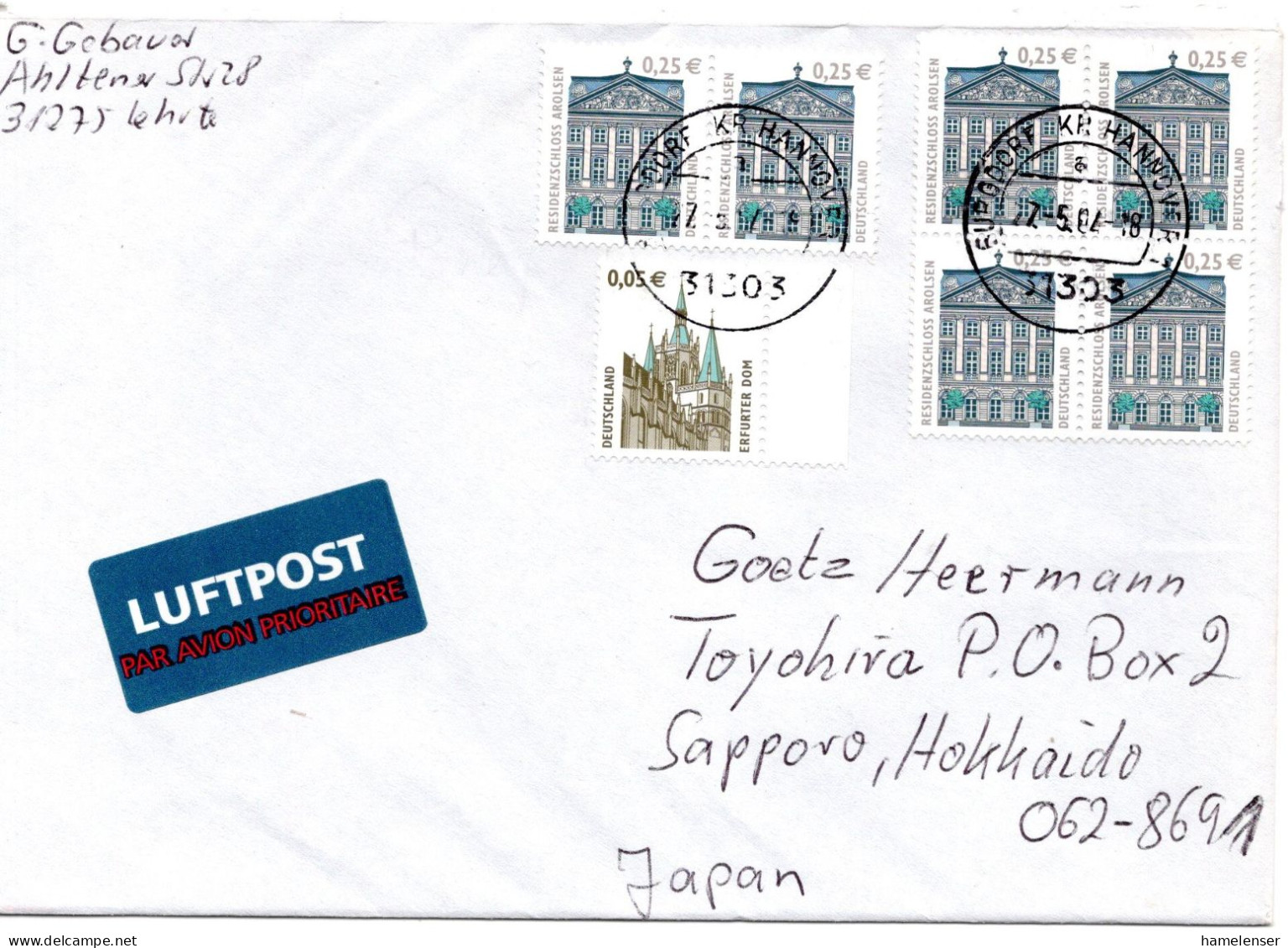 78423 - Bund - 2004 - €0,25 SWK 田 MiF A LpBf BURGDORF -> Japan - Storia Postale