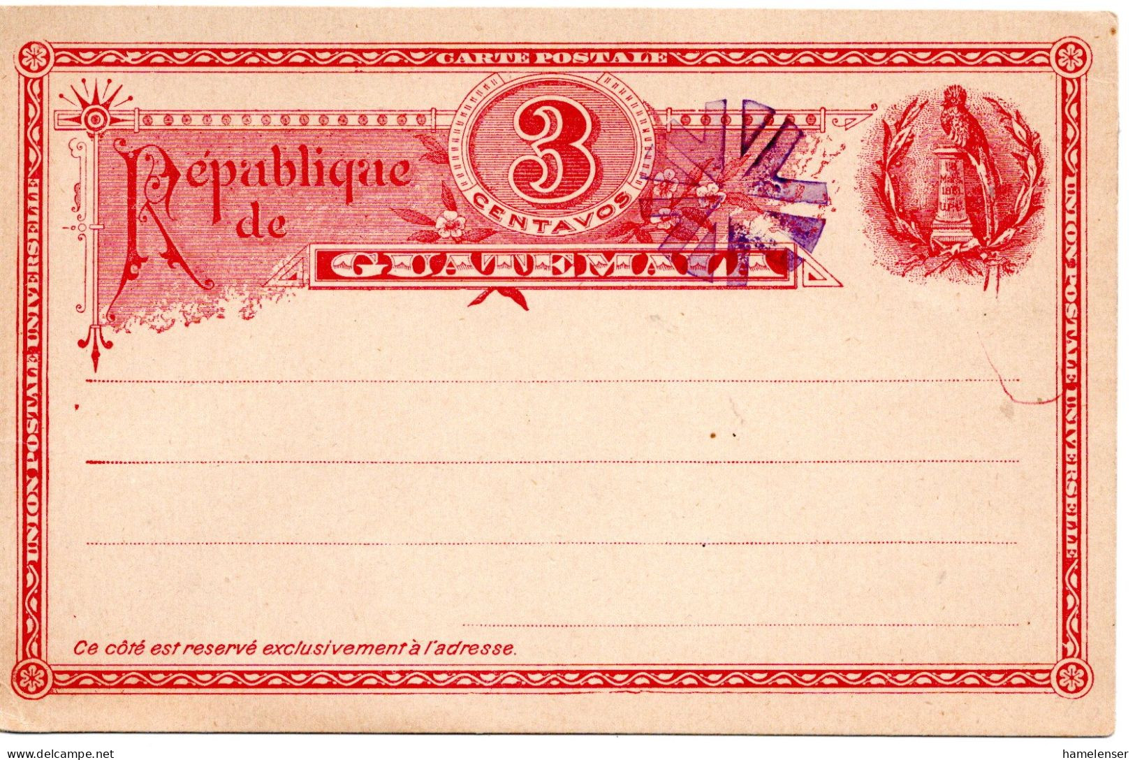 78425 - Guatemala - 1897 - 3c GAKte, Stummer Stpl, Nicht Gelaufen - Guatemala
