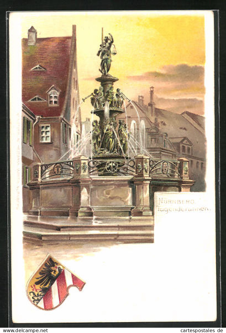 Präge-Künstler-AK Nürnberg, Tugendbrunnen, Wappen  - Nuernberg