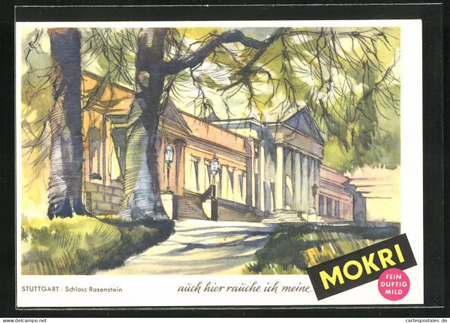Künstler-AK Stuttgart, Schloss Rosenstein, Reklame Mokri Tabak  - Landbouw