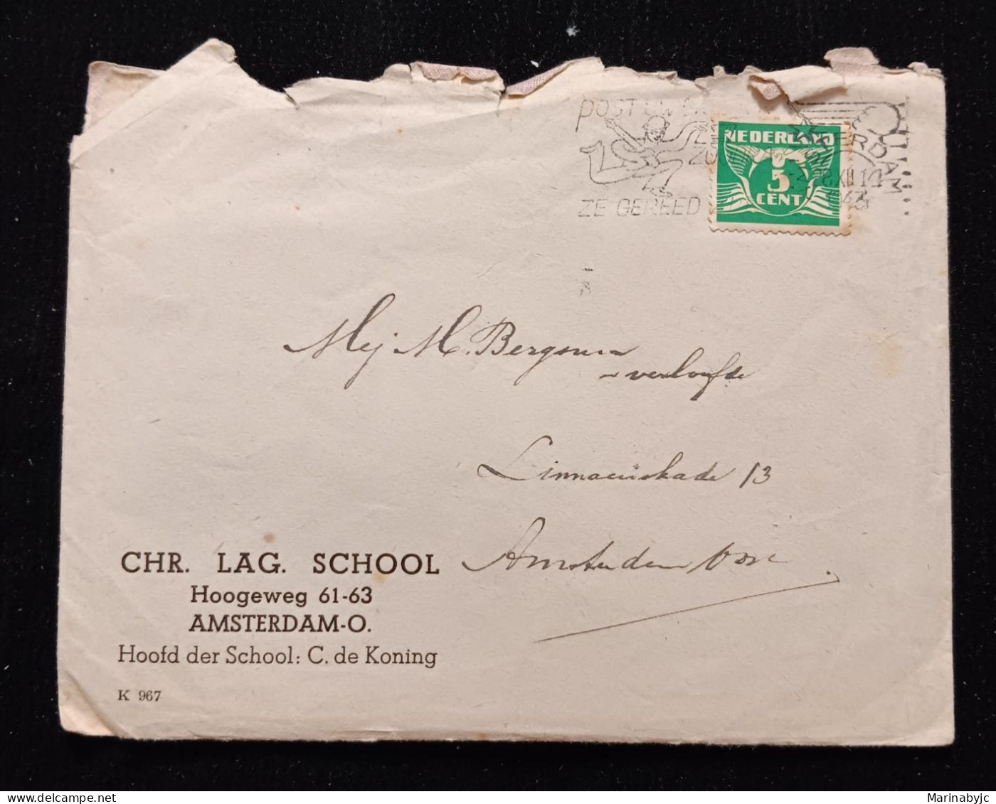 C) 1943, NETHERLANDS, INTERNAL MAIL ENVELOPE SENT TO AMSTERDAM SCHOOL PRINCIPAL. - Other & Unclassified