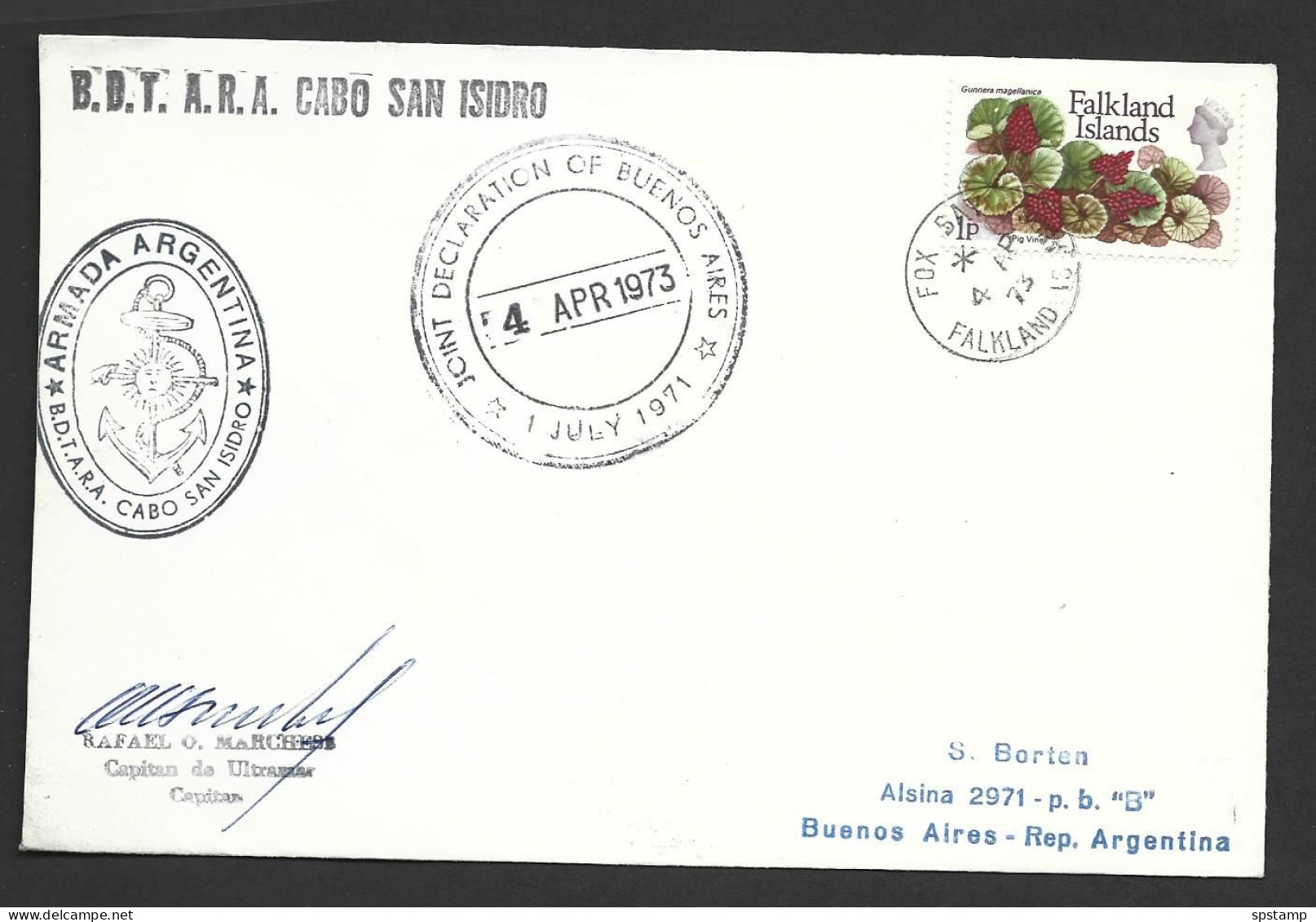 Falkland Islands 1973 Cabo San Isidro / Buenos Aires Declaration Special Cover, 1p F.I. Flower Franking , Signed - Falkland Islands