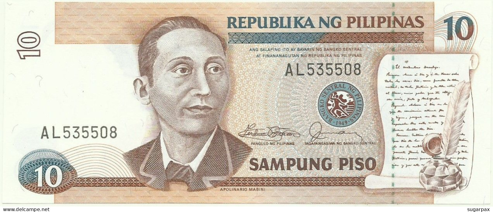 PHILIPPINES - 10 Piso - ND ( 1985 - 1994 ) Pick 169.a - Unc. - Sign. 10 - Serie AL - Seal Type 4 - Filipinas