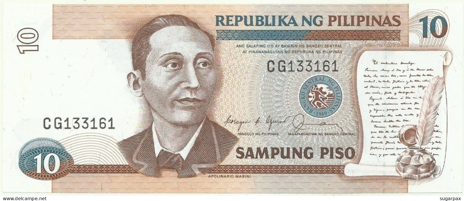 PHILIPPINES - 10 Piso - ND ( 1985 - 1994 ) Pick 169.b - Unc. - Sign. 11 - Serie CG - Seal Type 4 - Filippijnen