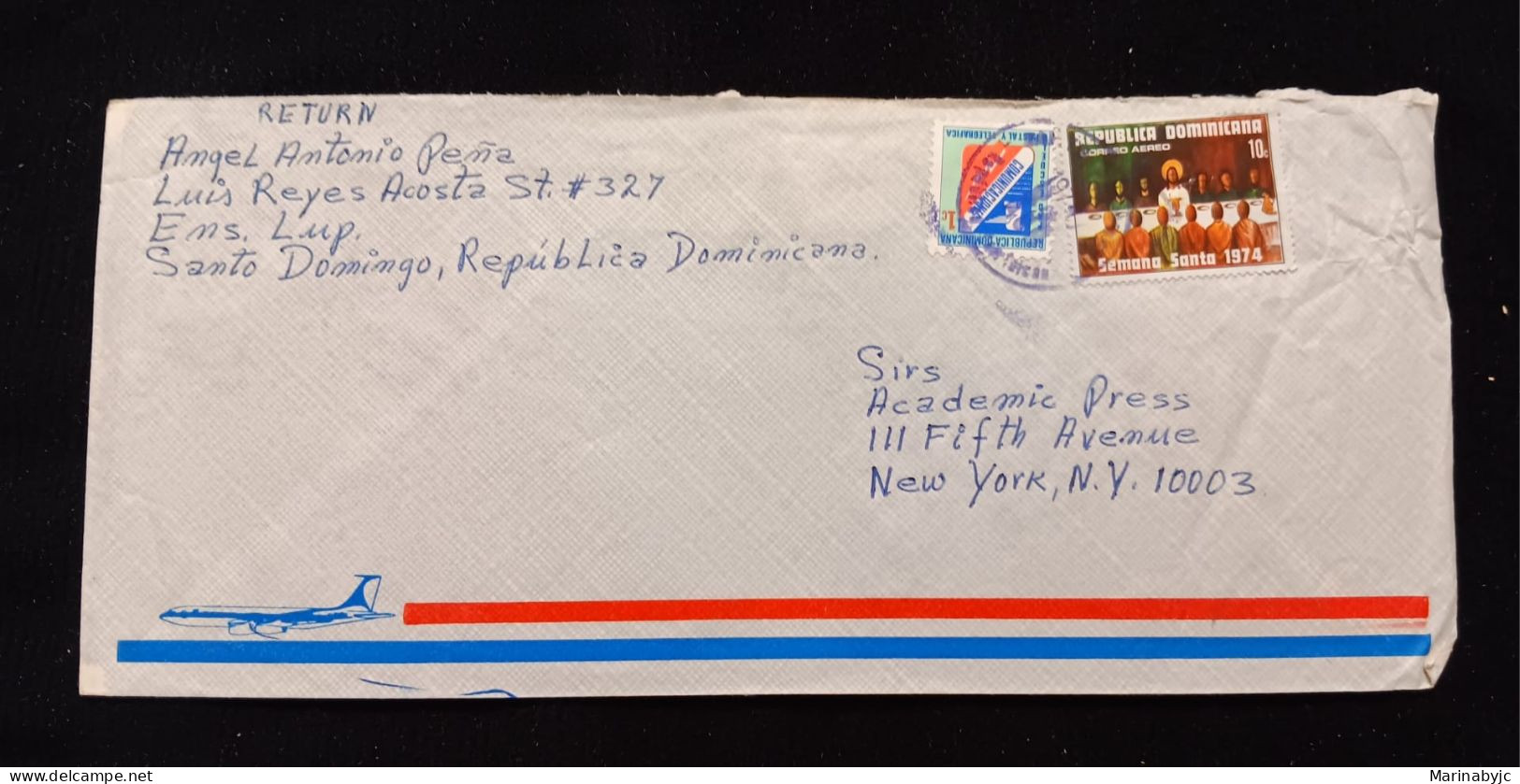 C) 1974, DOMINICAN REPUBLIC, AIR MAIL, ENVELOPE SENT TO THE UNITED STATES. WRITING IN BLUE INK, DOUBLE STAMP. XF - Dominica (1978-...)