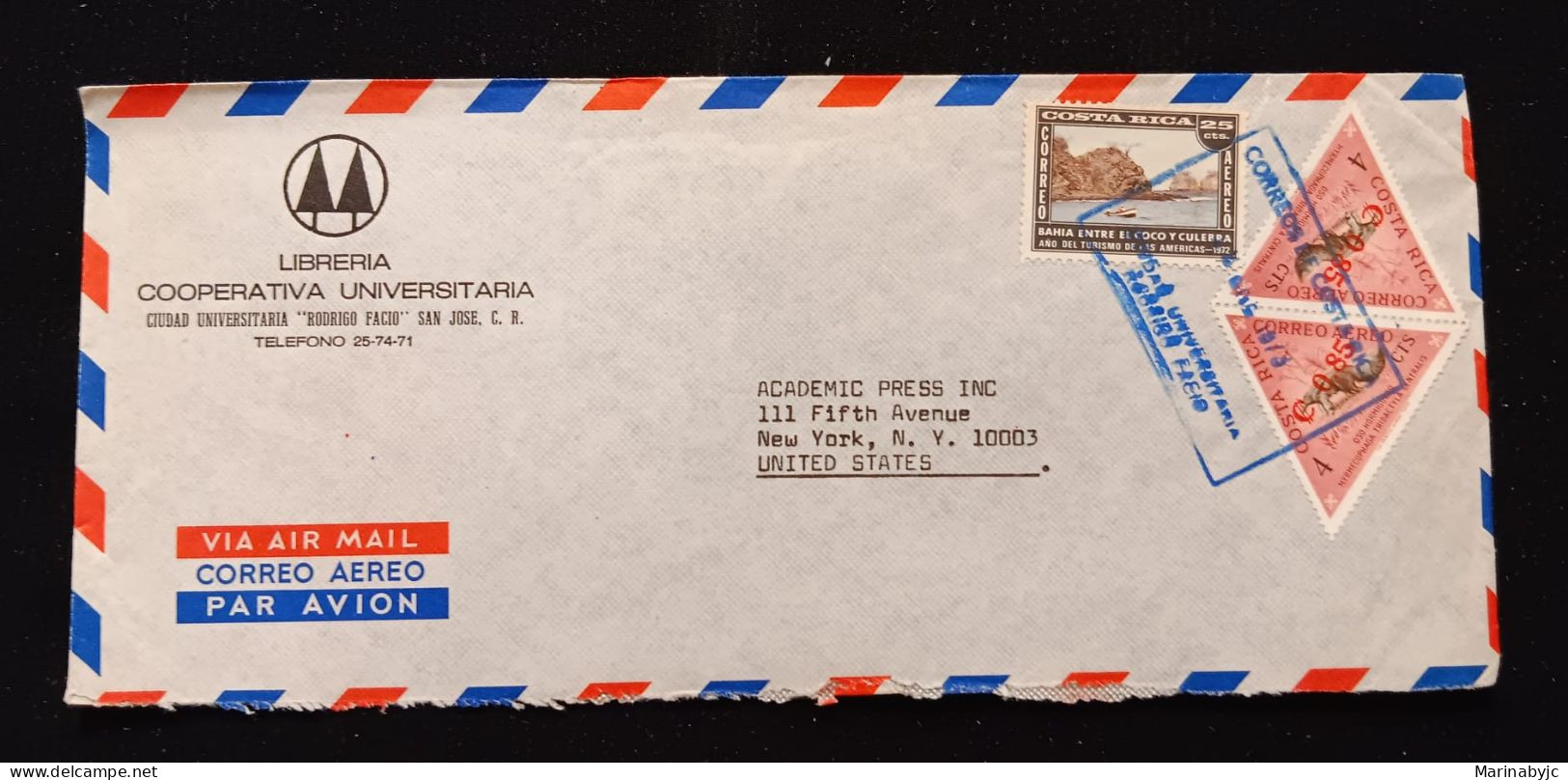 C) 1974, COSTA RICA, AIR MAIL, ENVELOPE SENT TO THE UNITED STATES DOUBLE STAMPED. XF - Costa Rica