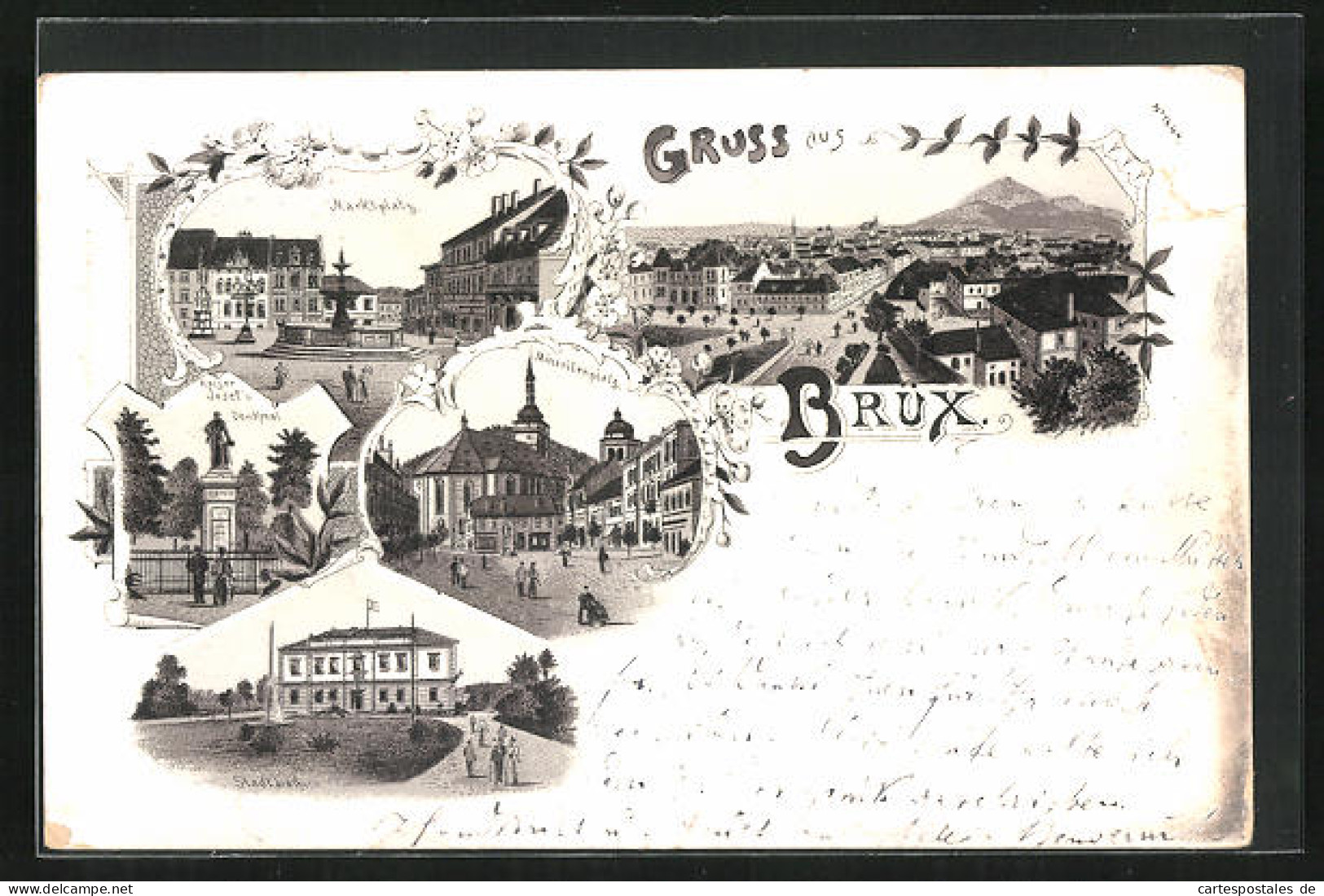 Lithographie Brüx / Most, Marktplatz, Minoritenplatz, Stadtbad, Kaiser Josef Denkmal  - Tchéquie