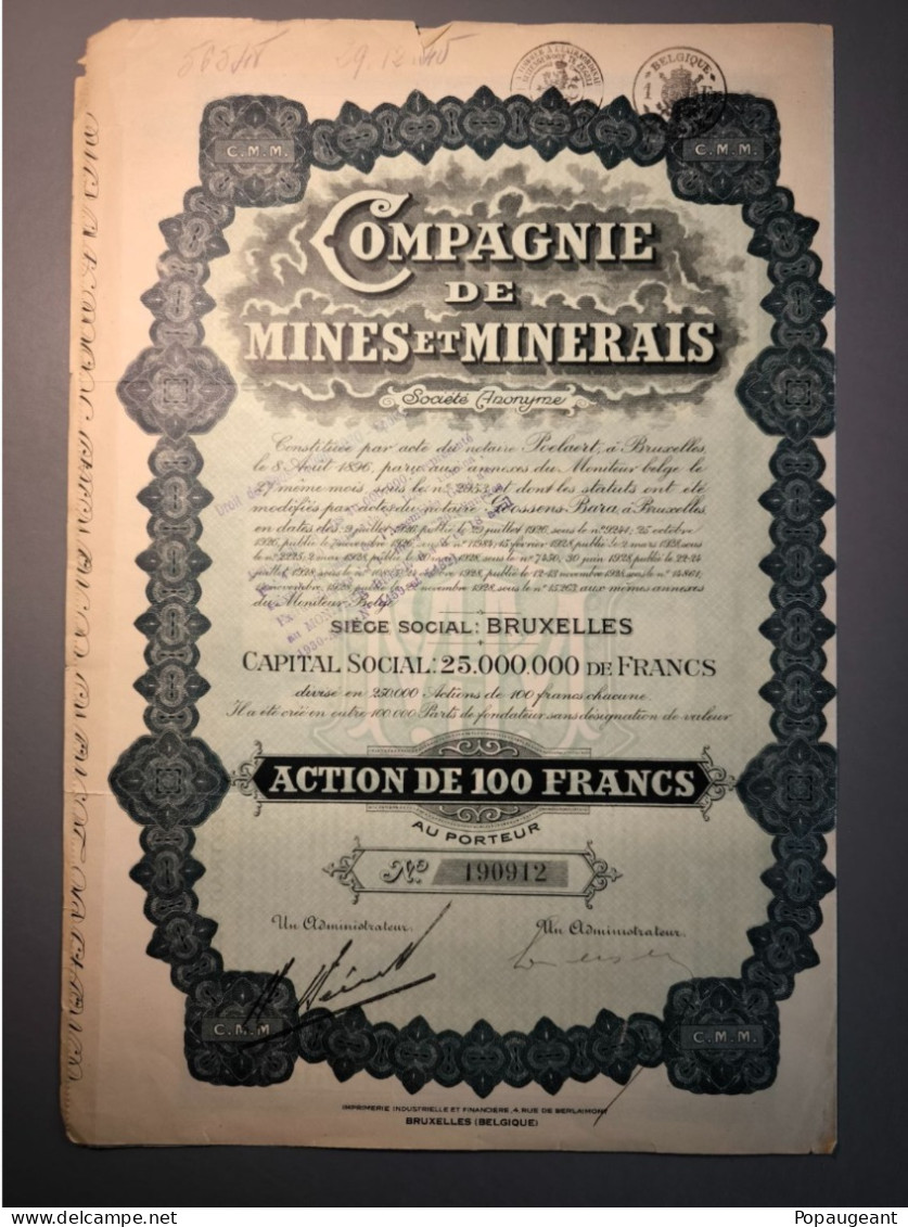 Une Action De 100 Francs Au Porteur De La " Compagnie De Mines Et Minerais " S.A. - Mines