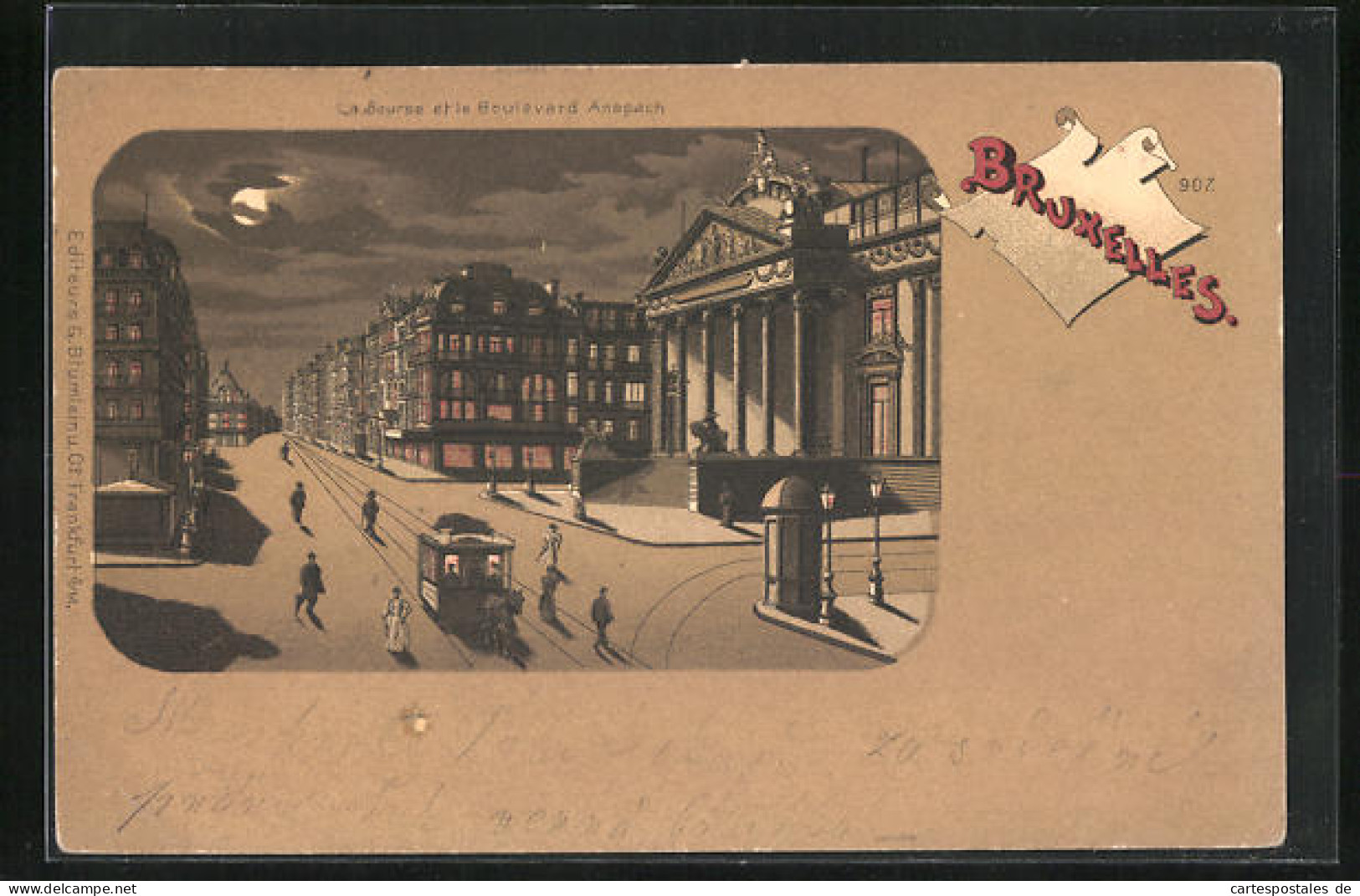 Lithographie Brüssel / Bruxelles, La Bourse Et Le Boulevard Anspach  - Avenues, Boulevards