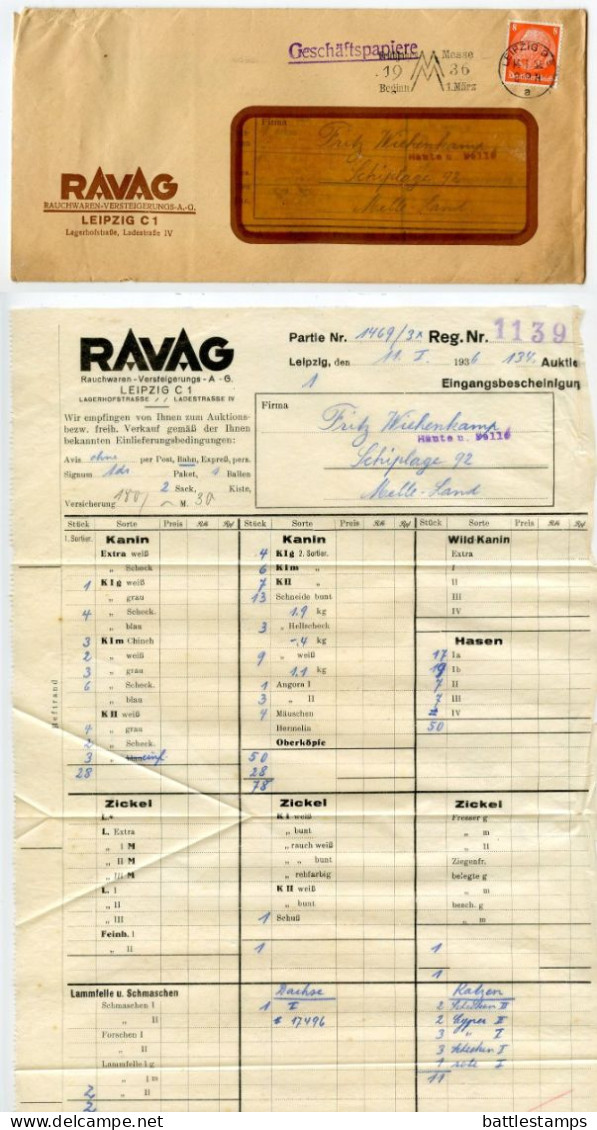 Germany 1936 Cover & Invoice; Leipzig - RAVAG, Rauchwaren-Versteigerungs To Schiplage; 8pf. Hindenburg; Slogan Cancel - Briefe U. Dokumente