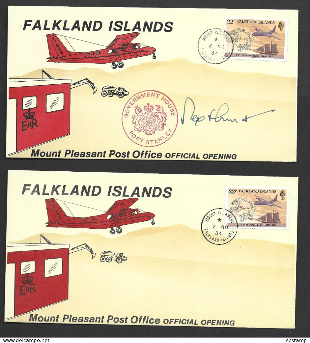 Falkland Islands 1984 Mt Pleasant Post Office Official Opening Special Covers X 2, 1 Signed & With Government House Mark - Falklandinseln