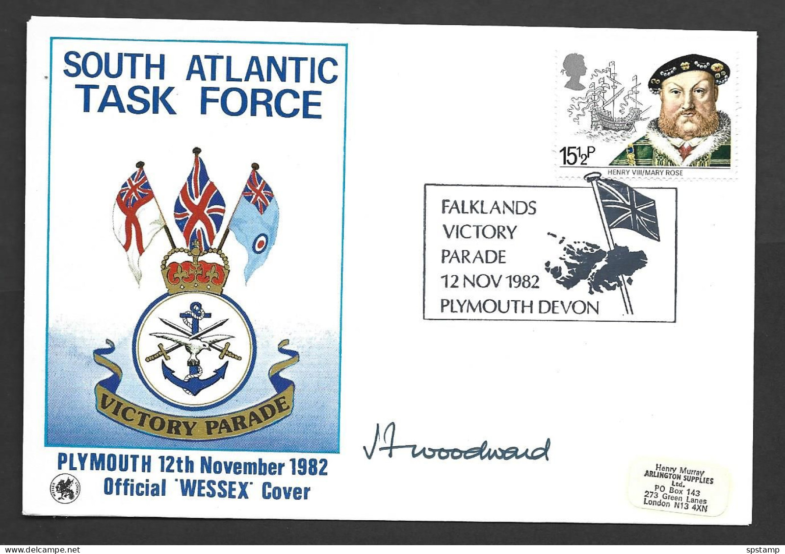 Great Britain 1982 Falkland Islands Victory Parade Special Cover And Boxed Postmark , 15.5p Henry VII & Ship Franking - Briefe U. Dokumente