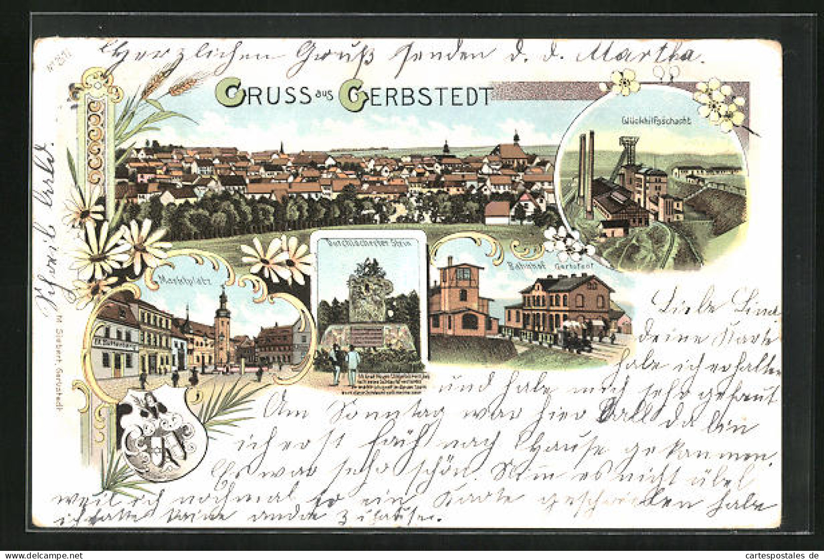 Lithographie Gerbstedt, Marktplatz, Bahnhof, Glückhilfsschacht  - Gerbstedt