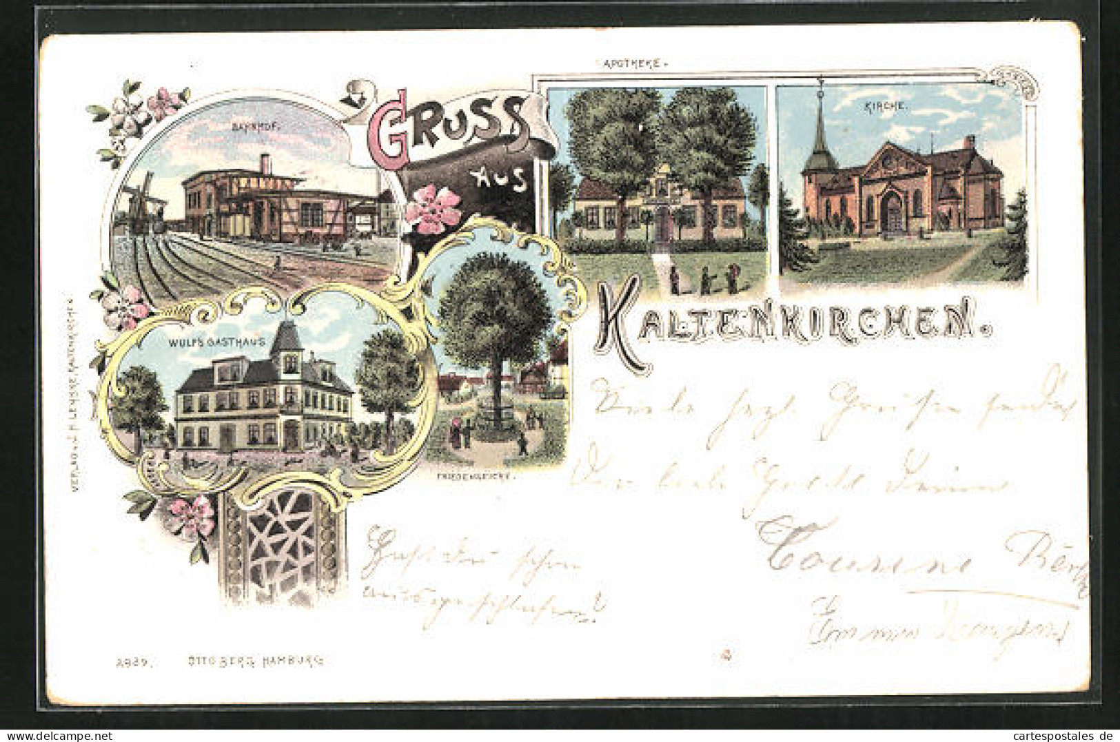 Lithographie Kaltenkirchen, Wulf`s Gasthaus, Apotheke, Bahnhof  - Kaltenkirchen