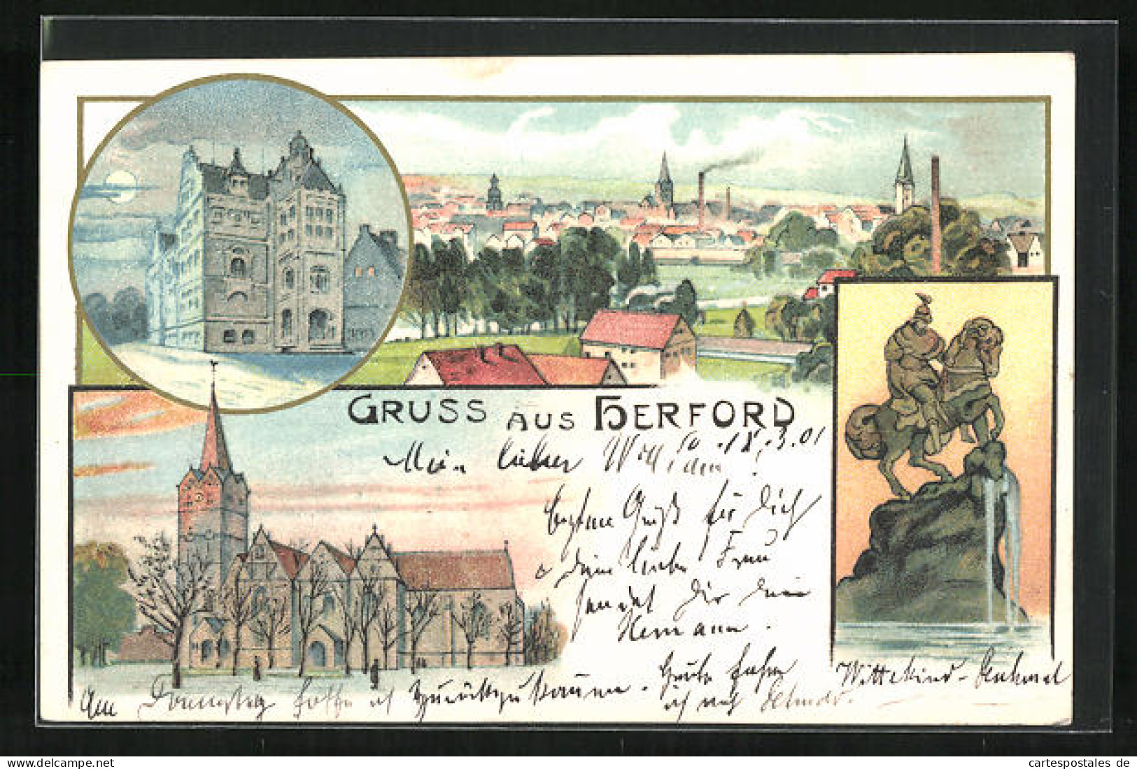 Lithographie Herford, Kirche Im Frühjahr, Gebäude Bei Nacht, Panorama  - Herford